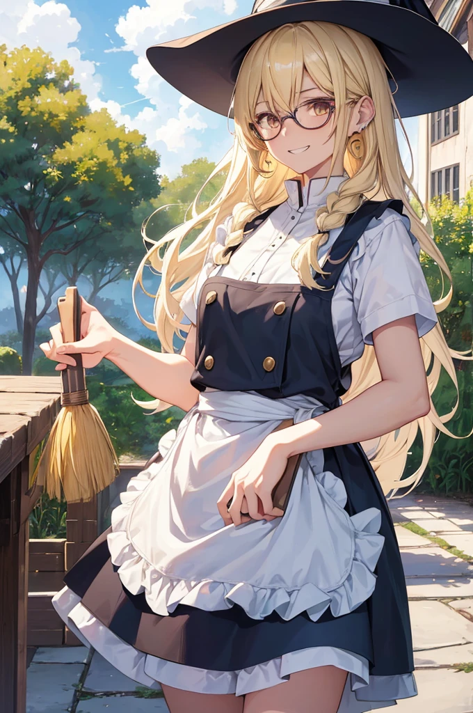 a female anime character with big round glasses and white hair wearing an apron and a witch Have, One girl, kirisame marisa, alone, broom, Have, Blonde, witch Have, smile, Yellow Eyes, apron, Long Hair, null, View your viewers, Outdoor, Grin, Braiding, cloud, Earrings, Short sleeve, blue null, Day