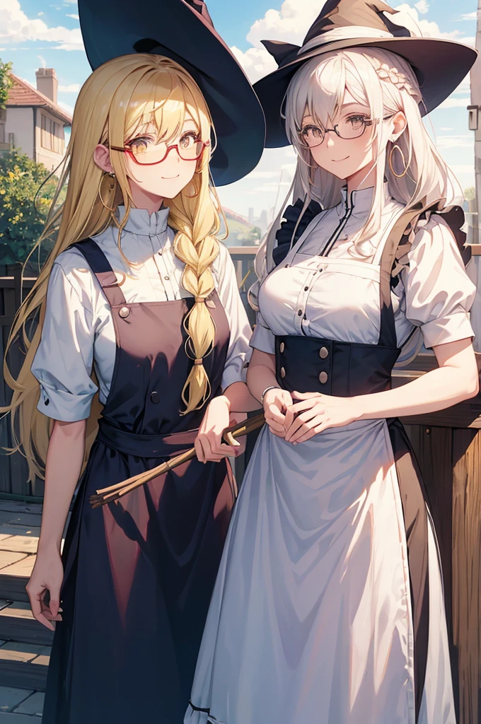 a female anime character with big round glasses and white hair wearing an apron and a witch Have, One girl, kirisame marisa, alone, broom, Have, Blonde, witch Have, smile, Yellow Eyes, apron, Long Hair, null, View your viewers, Outdoor, Grin, Braiding, cloud, Earrings, Short sleeve, blue null, Day