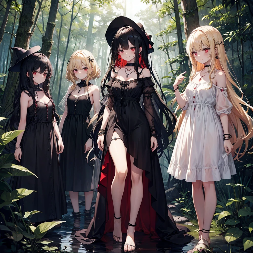 a group of beautiful witch girls in the middle of a forest in the night, standing girl , red and black hair, red eyes, young girl,scantily clad , small breasts, short black dress, necklaces, jewelry decorations, exposed shoulders light dress, transparent dress, girls standing in the middle of the forest , bracelets, earrings, completely naked tribal tattoos, three girls, blonde hair, black hair , red hair, smile