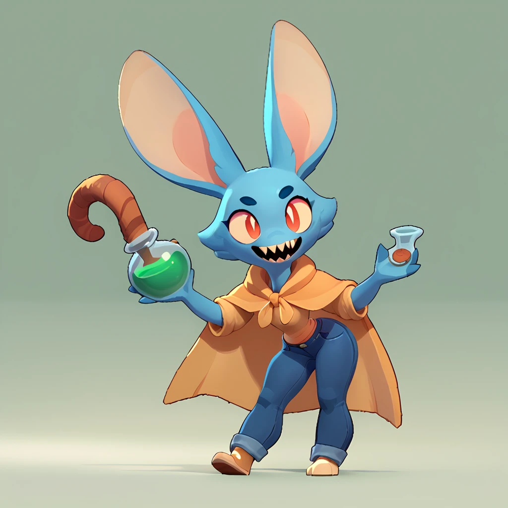 Full body view from a round creature with blue fur, female, long ears, smiling, sharp teeth, wearing jeans, friendly round creature, holding a green potion in his hand