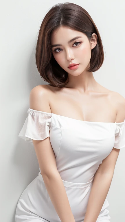 (Highest quality、Tabletop、8K、Best image quality、Award-winning works)、One beautiful mature woman、Voluptuous body、(short hair:1.1)、(Cleavage:1.1)、(Perfect white polyester overall off shoulder camisole:1.5)、damp , cleavage , full waist up pose , upper knees pose , (Leaning against the simplest white wall:1.4)、Close-up of face、Beautiful clavicle、Cleavage、Perfect Makeup、Lustrous and bright lips、Accurate anatomy、Ultra-high definition beauty face、Ultra HD Hair、Super high quality sparkling eyes、(Ultra-high resolution glossy skin:1.1)、Super high quality glossy lip、Look straight ahead