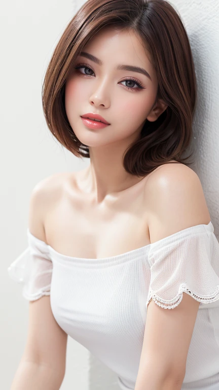 (Highest quality、Tabletop、8K、Best image quality、Award-winning works)、One beautiful mature woman、Voluptuous body、(short hair:1.1)、(Cleavage:1.1)、(Perfect white polyester overall off shoulder camisole:1.5)、damp , cleavage , full waist up pose , upper knees pose , (Leaning against the simplest white wall:1.4)、Close-up of face、Beautiful clavicle、Cleavage、Perfect Makeup、Lustrous and bright lips、Accurate anatomy、Ultra-high definition beauty face、Ultra HD Hair、Super high quality sparkling eyes、(Ultra-high resolution glossy skin:1.1)、Super high quality glossy lip、Look straight ahead