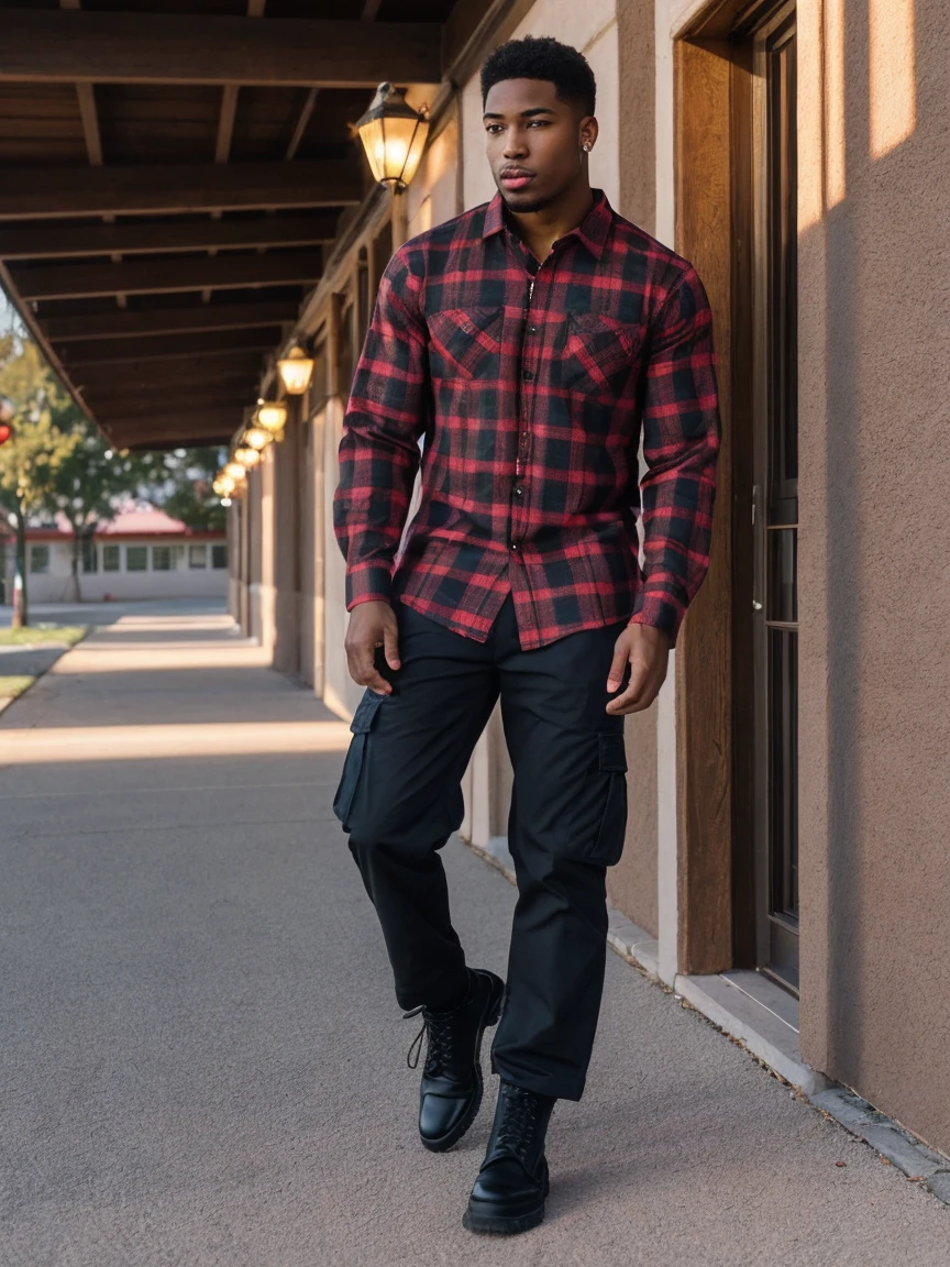 lifestyle photography, photo of a handsome black man, Meditative facial expression, red flannel shirt, black cargo pants and combat boots, close no rosto, soft lighting, greatest angle, Shot on a Fujicolor Pro