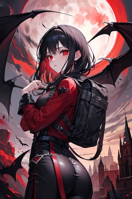 Vampire, Blood dripped from the mouth, black hair, tush, bloodmoon, fighter, fightingpose, Knapsack