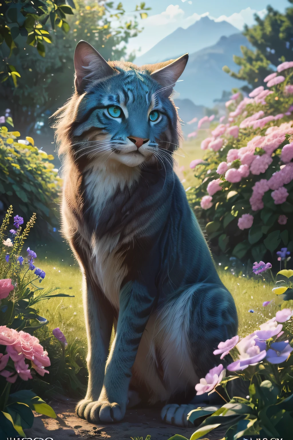 (best quality,4K,8K,highres,masterpiece:1.2),Ultra-detail,(realisti,photorealisti,photo-realisti:1.37),Illustration,animal,Standing position from the front,blue,grau,brown,bright green eyes,floral background