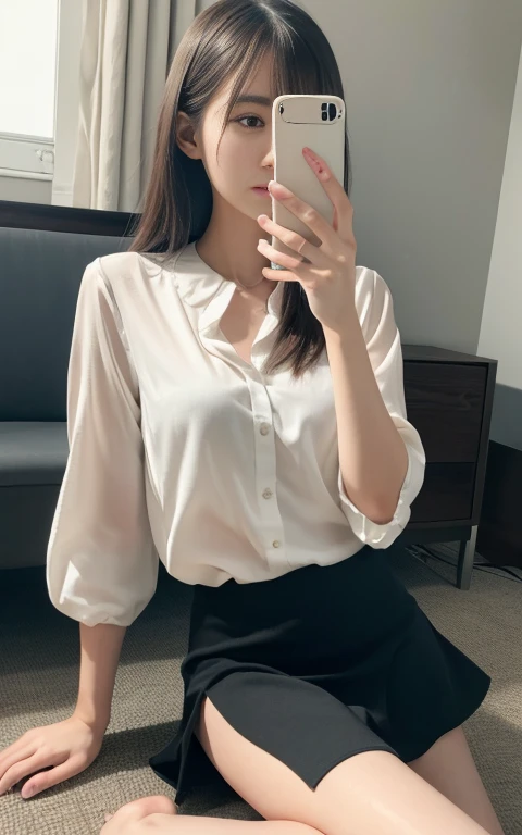 (RAW Photos, Highest quality), masterpiece, Extremely delicate and beautiful, Fine details, High resolution,Soft Lighting, Rich details, ((Perfect hands:1.2)), 片手で携帯電話を操作してSelfieすると顔が隠れる, One girl, Thin legs, Long legs, [少女はベッドの端にSitting|Sitting|蝶がSitting] , [Black Lens Stockings|knees丈ソックス|knees], White blouse，Black short skirt, iPhone, Selfie, Open leg pose, Small hands