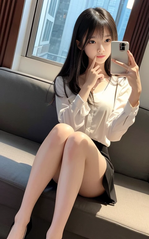 (RAW Photos, Highest quality), masterpiece, Extremely delicate and beautiful, Fine details, High resolution,Soft Lighting, Rich details, ((Perfect hands:1.2)), 片手で携帯電話を操作してSelfieすると顔が隠れる, One girl, Thin legs, Long legs, [少女はベッドの端にSitting|Sitting|蝶がSitting] , [Black Lens Stockings|knees丈ソックス|knees], White blouse，Black short skirt, iPhone, Selfie, Open leg pose, Small hands