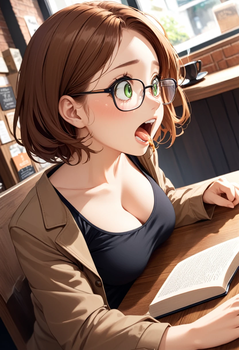detailed illustration ,dynamic angle, ultra-detailed, detailed eyes, detailed face, 1girl, long brown hair, glasses, green eyes, open mouth, drooling, wide eyes, hungry, blushing, horny, short white skirt, brown jacket, black blouse, cleavage, medium breasts, sitting, coffee, table, coffee shop, excited, from the side, book on table