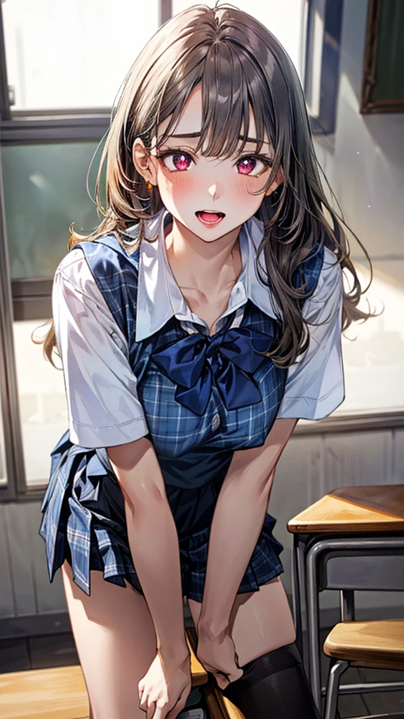 (masterpiece:1.3, top-quality, ultra high res, ultra detailed), (realistic, photorealistic:1.4), beautiful illustration, perfect lighting, natural lighting, colorful, depth of fields, surrealism, 
((beautiful white detailed hair))beautiful detailed face, beautiful detailed red eyes, beautiful clavicle, beautiful body, beautiful chest, beautiful thigh, beautiful legs, beautiful fingers, shiny skin, babyface, 
looking at viewer, 1 girl, japanese, high school girl, (perfect anatomy, anatomically correct, super detailed skin), cute and symmetrical face, perfect face, perfect eyes, perfect fingers,
(long hair), white hair, asymmetrical bangs, red eyes, big eyes, long eyelashes, (large breasts:1.2, seductive thighs), slender, outstanding style, 
((detailed cloth texture, break,break, white collared shirt, break,break, navy blue suit vest, break,break, blue plaid pleated skirt, break,break, purple blue bow tie), socks, black loafer), 
(beautiful scenery), (classroom, desk), (standing, leaning forward), (table humping, crotch rub), (heart shaped pupils, :3, aroused, ahegao, orgasm, in heat, naughty face, open mouth small), 