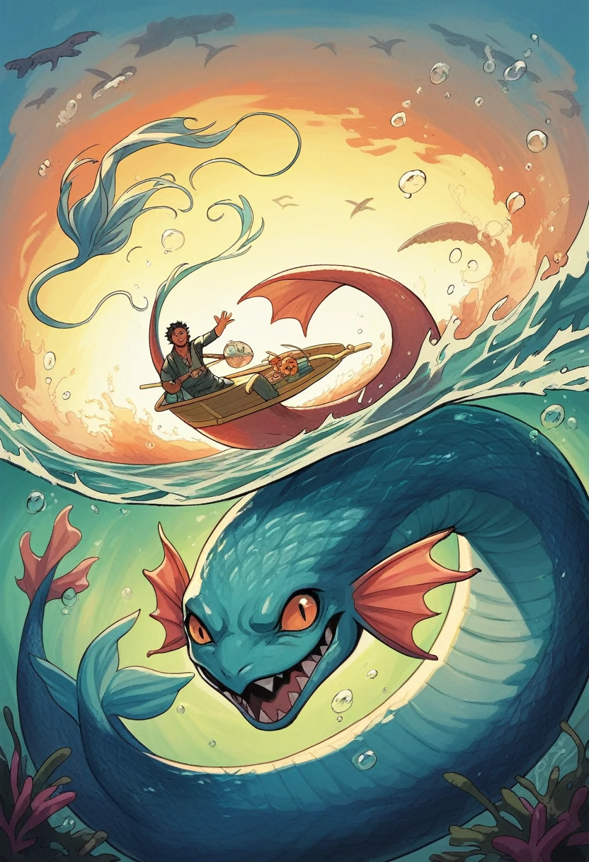 Illustration of a blue and black salamander on a boat with adventurers around him, serpentine water monster, sea serpent, Which of Caríbdis, scary Sea monster, Sea monster, cyril rolando and goro fujita, pokemon illustration, underwater Sea monster, water type, amazing wallpaper, aquatic creature, tsunami behind him, dnd triton