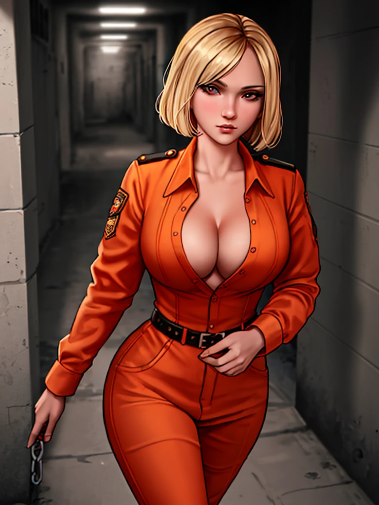 An image of a busty prisoner, blonde bob hair, gorgeous, wears orange prisoner outfit, in a penitentiary, walking ahead, cleavage:1.2, unbuttoned shirt, (detailed skin complexion:1.2), best quality, deep color, complex shading effect, ambient occlusion, highly detailed textures