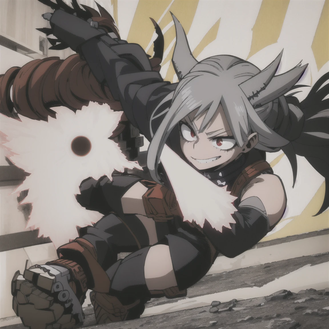 1girl, female focus, auburn hair, long wavy hair, red eyes, smirk, midnight-black mask, dark purple hood tattered cape, black body suit accents of dark purple and silver, tactical vest, gauntlets, utility belt, leggings, black combat boots, cloak enhancement, mhaoc, MHA screencap, horikoshi kouhei