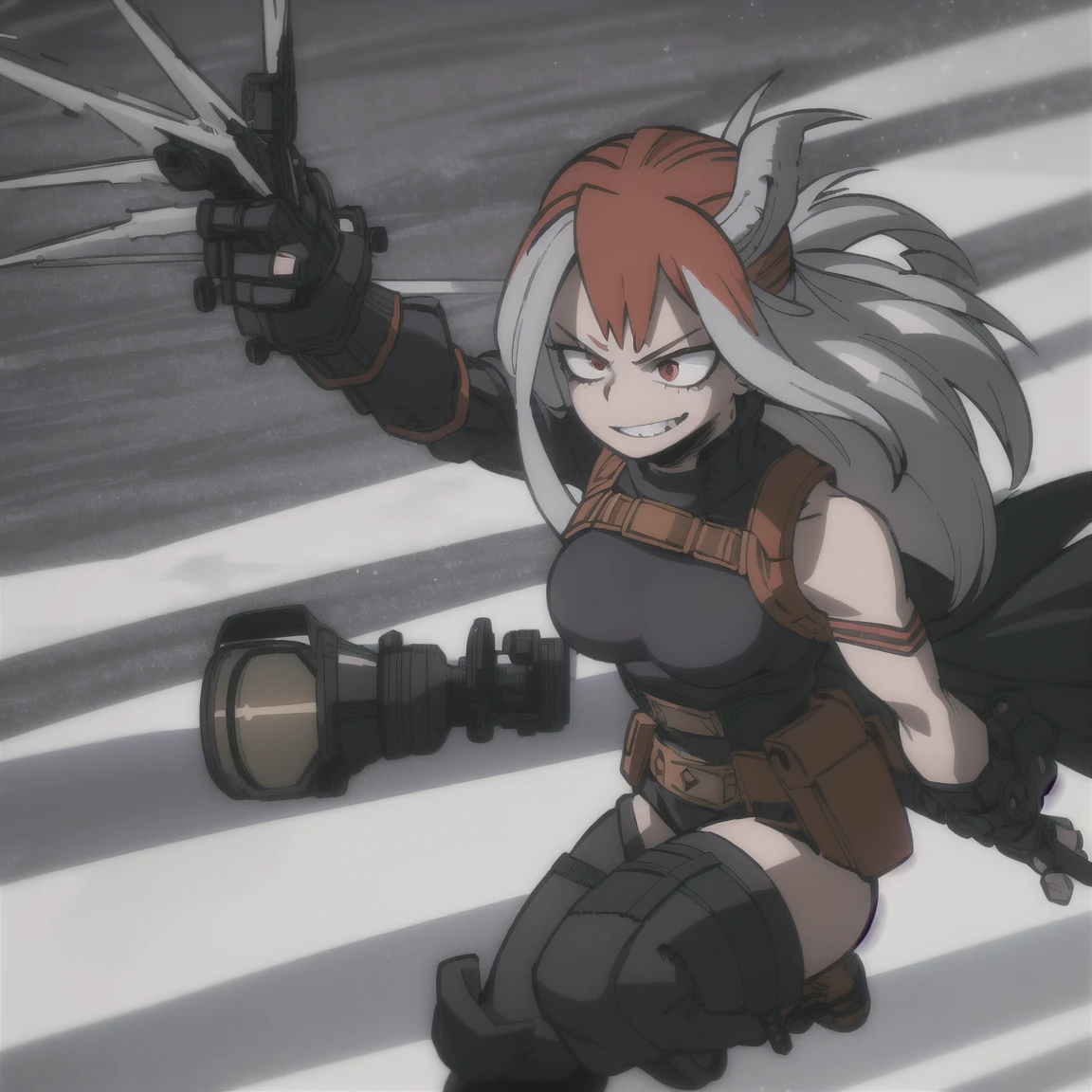 1girl, female focus, auburn hair, long wavy hair, red eyes, smirk, midnight-black mask, dark purple hood tattered cape, black body suit accents of dark purple and silver, tactical vest, gauntlets, utility belt, leggings, black combat boots, cloak enhancement, mhaoc, MHA screencap, horikoshi kouhei