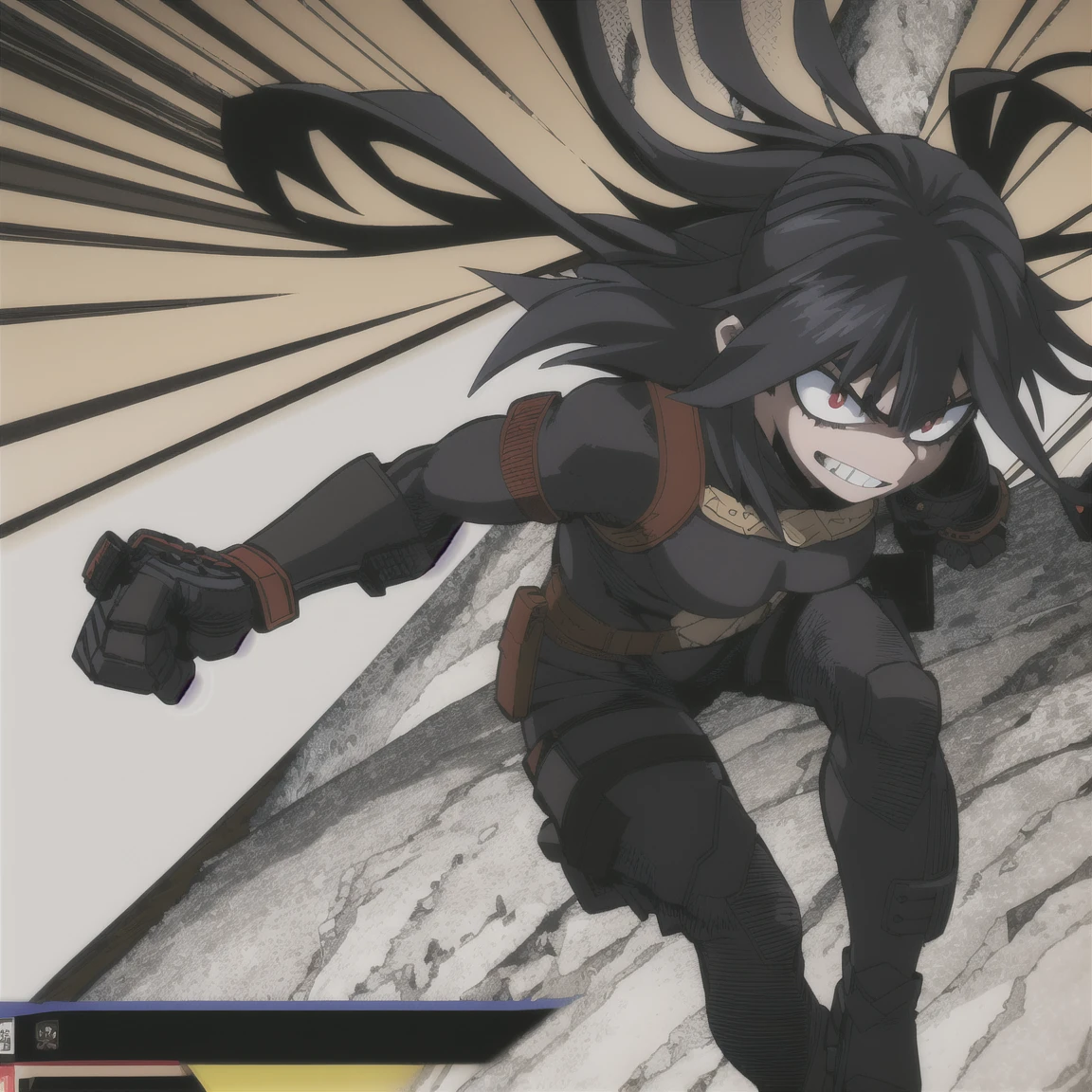 1girl, female focus, auburn hair, long wavy hair, red eyes, smirk, midnight-black mask, dark purple hood tattered cape, black body suit accents of dark purple and silver, tactical vest, gauntlets, utility belt, leggings, black combat boots, cloak enhancement, mhaoc, MHA screencap, horikoshi kouhei