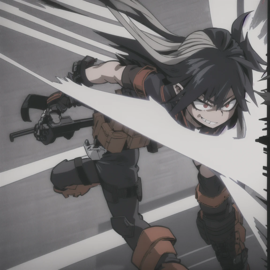1girl, female focus, auburn hair, long wavy hair, red eyes, smirk, midnight-black mask, dark purple hood tattered cape, black body suit accents of dark purple and silver, tactical vest, gauntlets, utility belt, leggings, black combat boots, cloak enhancement, mhaoc, MHA screencap, horikoshi kouhei
