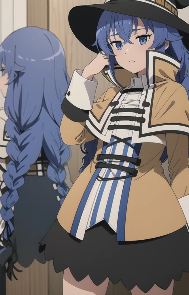 (1girl:1.5), (small chest:1.5), (mushoku tensei style:1.3), ((anime coloring)), (roxy:1.3),
((high resolution illustration)), ((masterpiece)), ((best quality)), high detail,
(textured skin:1.4), (detailed blue hair: 1.9), (detailed blue eyes:1.4), very long hair, very long hair, intricate hair, hair between eyes, nice hands, perfect hands, perfect body, solo focus, detailed brows, hair between eyes, ahoge, messy hair, twin braids, braid,
detailed lighting, realistic colours, bright colours,
wizard hat, cape, capelet, collared shirt, black legwear, black skirt, capelet, jacket, brown jacket, long sleeves, miniskirt, open clothes, open jacket, pleated skirt, skirt, white capelet, white footwear, white jacket,
forest, fantasy, day,