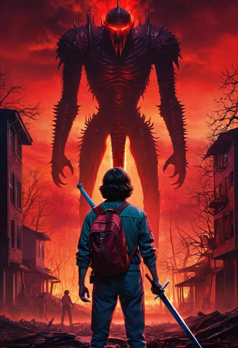 A man stands with his back, In his right hand is a sword, there is a bloody wound on the back left side, Red Sky, monster from the series "Stranger Things", ruined city, buildings on fire, long zippers