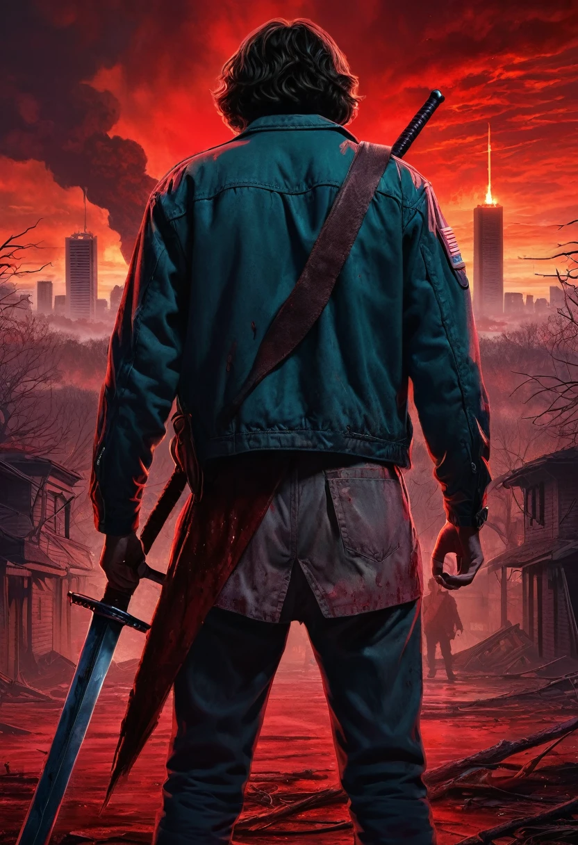 A man stands with his back, In his right hand is a sword, there is a bloody wound on the back left side, Red Sky, monster from the series "Stranger Things", ruined city, buildings on fire, long zippers