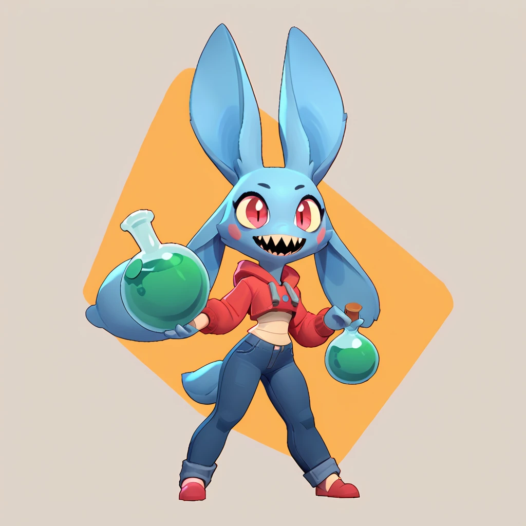 Full body view from a round creature with blue fur, female, long ears, smiling, sharp teeth, wearing jeans, friendly round creature, holding a green potion in his hand