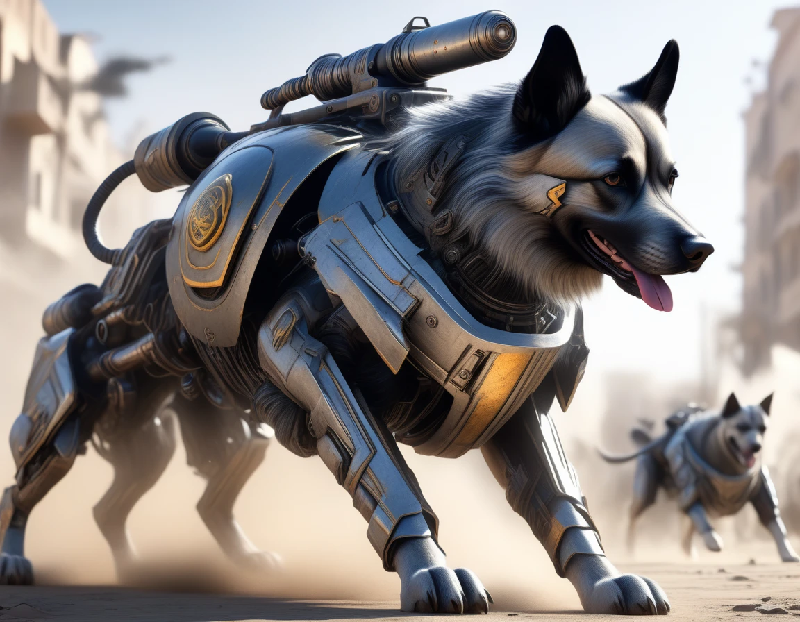Ultra-realism, ((Masterpiece)), ((Best Quality)), (Very Detailed), ((Very Detailed)), 4K, (8K), very aesthetic, absurdres highres, Create highly textured mechanical dog artwork. This dog has a metallic sheen and realistic texture and is constructed with detailed mechanical elements. The colors are metallic gray and silver, with hints of rust, giving it an aged but advanced technological look. The background is simple and focuses on the intricacy and craftsmanship of the dog design, Design a combat-ready cybernetic dog equipped with powerful weapons, situated in an outdoor battlefield. The dog should have missile launchers on its back, laser guns on its front legs, and a shield on its shoulders. It should be slashing at enemies with its sharp claws while advancing and delivering powerful attacks. The background should depict a war-torn battlefield with destroyed buildings, fighting posing, dynamic angle,