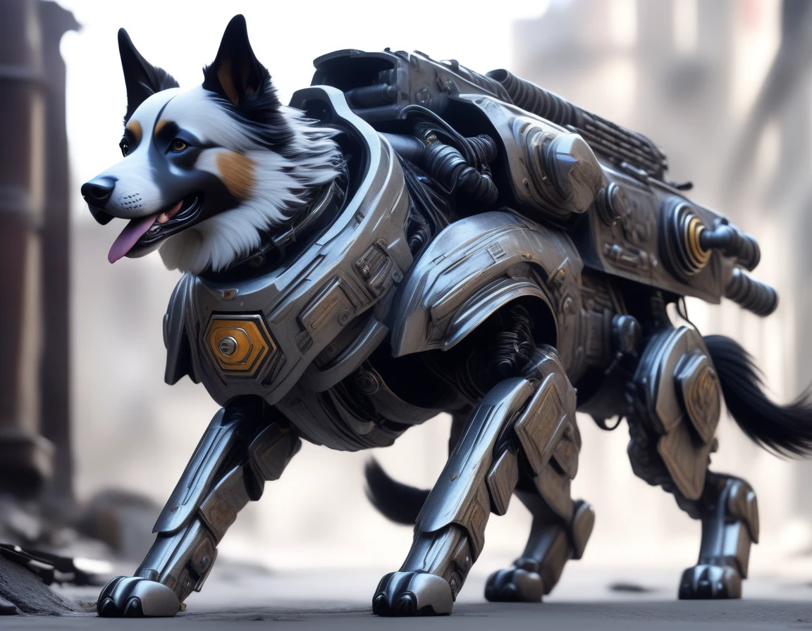 Ultra-realism, ((Masterpiece)), ((Best Quality)), (Very Detailed), ((Very Detailed)), 4K, (8K), very aesthetic, absurdres highres, Create highly textured mechanical dog artwork. This dog has a metallic sheen and realistic texture and is constructed with detailed mechanical elements. The colors are metallic gray and silver, with hints of rust, giving it an aged but advanced technological look. The background is simple and focuses on the intricacy and craftsmanship of the dog design, Design a combat-ready cybernetic dog equipped with powerful weapons, situated in an outdoor battlefield. The dog should have missile launchers on its back, laser guns on its front legs, and a shield on its shoulders. It should be slashing at enemies with its sharp claws while advancing and delivering powerful attacks. The background should depict a war-torn battlefield with destroyed buildings, fighting posing, dynamic angle,