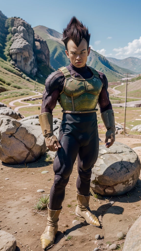 ((masutepiece:1.4, Best Quality)), ((masutepiece, Best Quality,8K)), (photographrealistic:1.4), (Cowboy Shot, Solo, Male Focus, 1boy, Vegeta, Serious, Looking at Viewer, Black spiked hair, Black eyes, armor, Enamel Bodysuit, White Gloves), (rocky ground, Rocky mountain, skyporn), Professional Lighting, Physically-based rendering(((,sayan armor)))