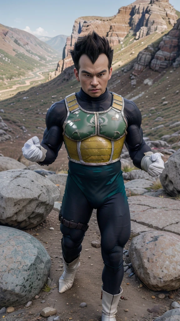 ((masutepiece:1.4, Best Quality)), ((masutepiece, Best Quality,8K)), (photographrealistic:1.4), (Cowboy Shot, Solo, Male Focus, 1boy, Vegeta, Serious, Looking at Viewer, Black spiked hair, Black eyes, armor, Enamel Bodysuit, White Gloves), (rocky ground, Rocky mountain, skyporn), Professional Lighting, Physically-based rendering