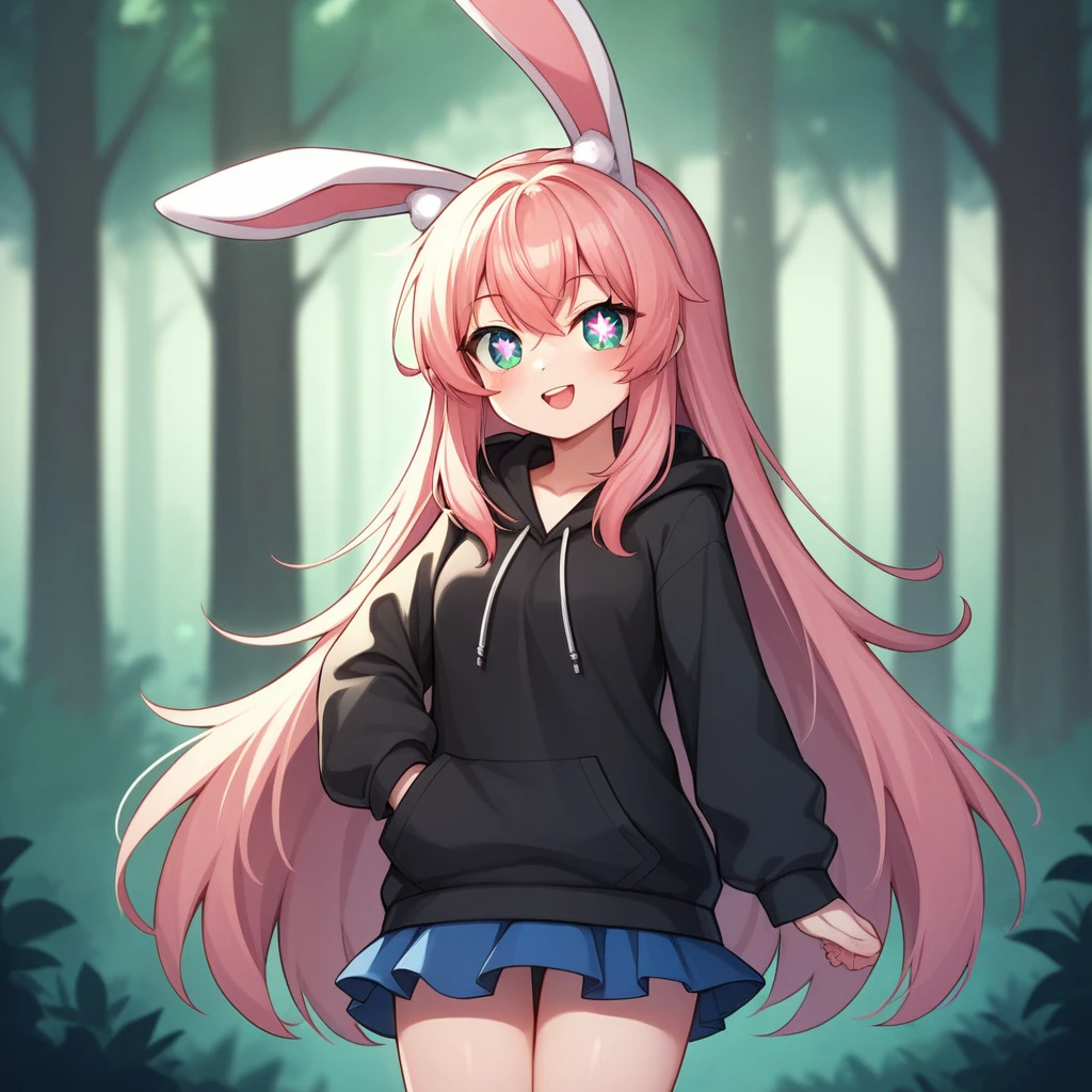 source_anime, score_9, score_8_up, BREAK Best girl, rabbit ears, (sparkling eyes:1.1), hoodie, skirt, forest background