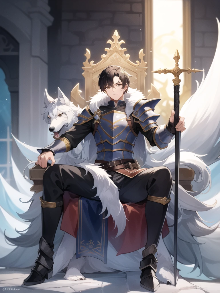 A simple man handsome 
who has ears and a tail like an ice wolf and he sits on a throne holding his sword and his armor made of the finest materials. High quality