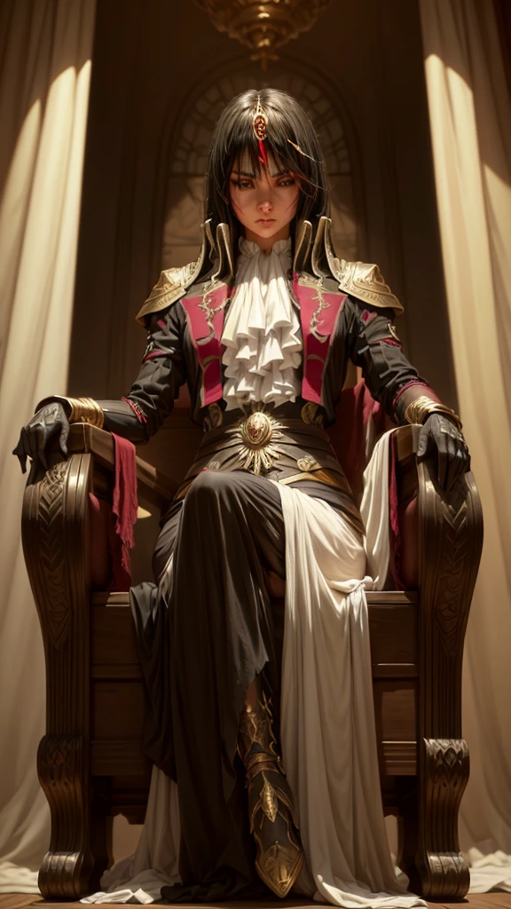 a detailed portrait of a girl with piercing eyes, beautiful facial features, and intricate, flowing black hair with red and golden highlights, sitting on an ornate throne inside a grand palace, character from a dark fantasy novel, (best quality,4k,8k,highres,masterpiece:1.2),ultra-detailed,(realistic,photorealistic,photo-realistic:1.37),dramatic lighting,cinematic composition,digital painting,dark fantasy,fantasy art