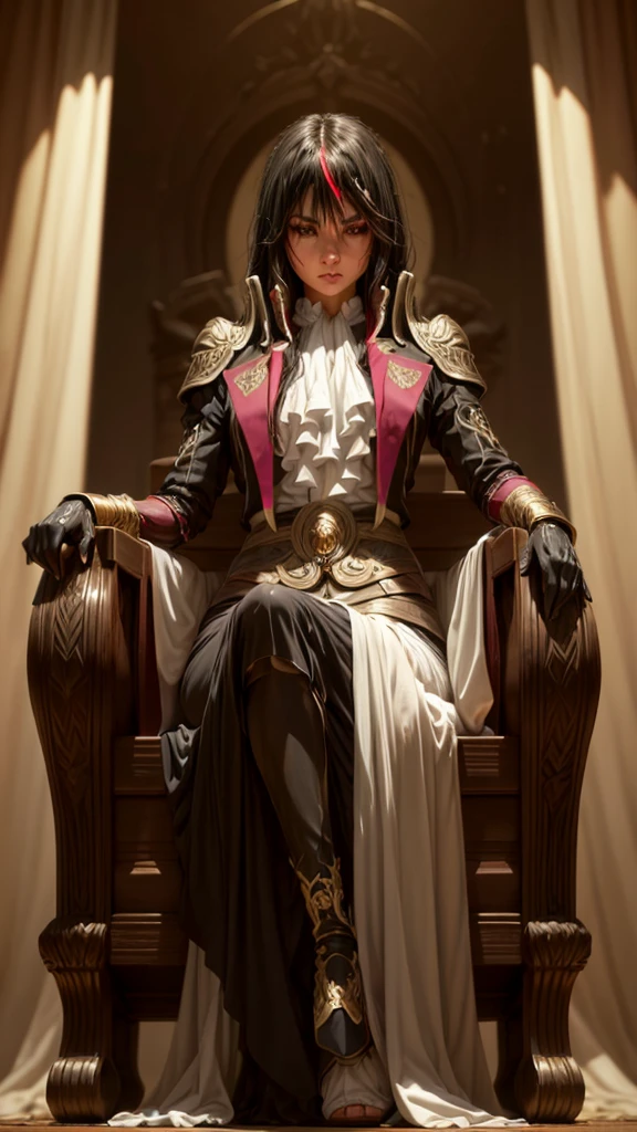 a detailed portrait of a girl with piercing eyes, beautiful facial features, and intricate, flowing black hair with red and golden highlights, sitting on an ornate throne inside a grand palace, character from a dark fantasy novel, (best quality,4k,8k,highres,masterpiece:1.2),ultra-detailed,(realistic,photorealistic,photo-realistic:1.37),dramatic lighting,cinematic composition,digital painting,dark fantasy,fantasy art