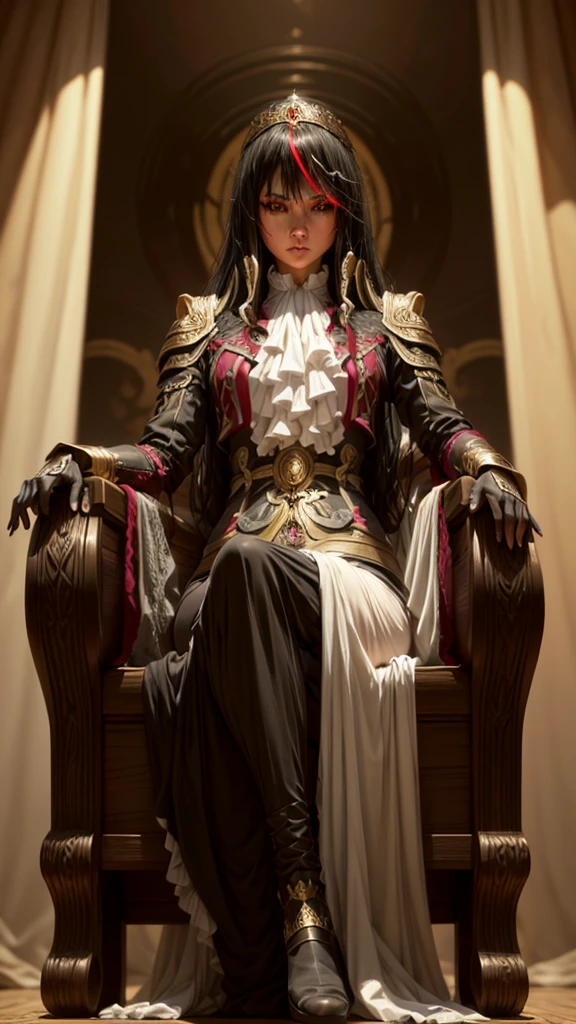 a detailed portrait of a girl with piercing eyes, beautiful facial features, and intricate, flowing black hair with red and golden highlights, sitting on an ornate throne inside a grand palace, character from a dark fantasy novel, (best quality,4k,8k,highres,masterpiece:1.2),ultra-detailed,(realistic,photorealistic,photo-realistic:1.37),dramatic lighting,cinematic composition,digital painting,dark fantasy,fantasy art