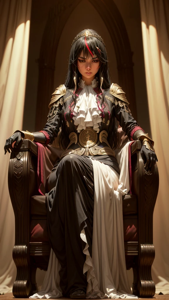 a detailed portrait of a girl with piercing eyes, beautiful facial features, and intricate, flowing black hair with red and golden highlights, sitting on an ornate throne inside a grand palace, character from a dark fantasy novel, (best quality,4k,8k,highres,masterpiece:1.2),ultra-detailed,(realistic,photorealistic,photo-realistic:1.37),dramatic lighting,cinematic composition,digital painting,dark fantasy,fantasy art