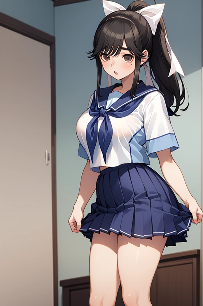 1girl, aamanaka, long hair, ponytail, hair bow, serafuku, white shirt, short sleeves, sailor collar, blue neckerchief, pleated skirt, blue skirt,huge breasts,my room,nsfw