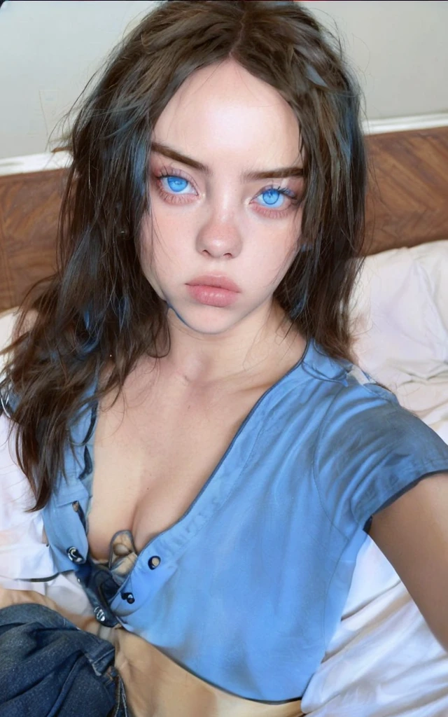 Billie Eilish with a blue escort shirt and jeans posing in bed. looking to the camera, blue eyes simétricos 24 años, con blue eyes, sexy look at the camera, wavy brown hair, long brown hair, portrait billie eilish , bonitos blue eyes, Pretty lips, chica sexy con blue eyes, con blue eyes brillantes, billie eilish singer, Instagram Template, intense blue eyes, blue eyes, fascinantes blue eyes, pretty girl, clear skin, billie eilish woman