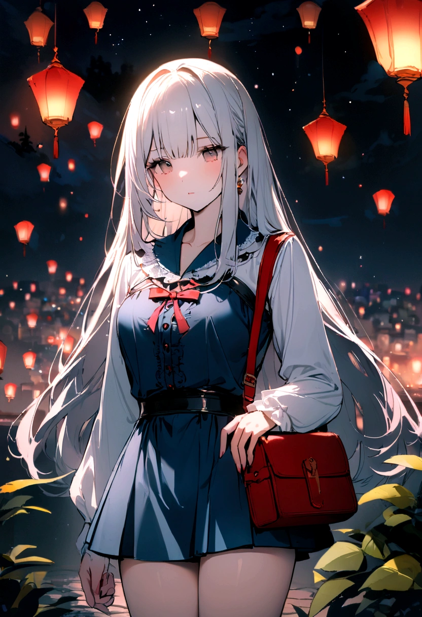 Highest quality, 8K,White, straight, long hair、beautiful girl、mini skirt、Red bag、mysterious、Fantasy、Moonlit Night