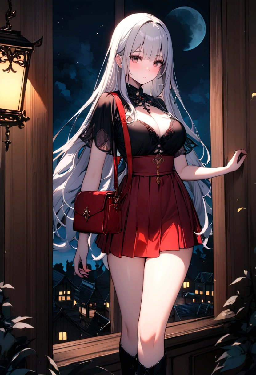Highest quality, 8K,White, straight, long hair、beautiful girl、mini skirt、Red bag、mysterious、Fantasy、Moonlit Night