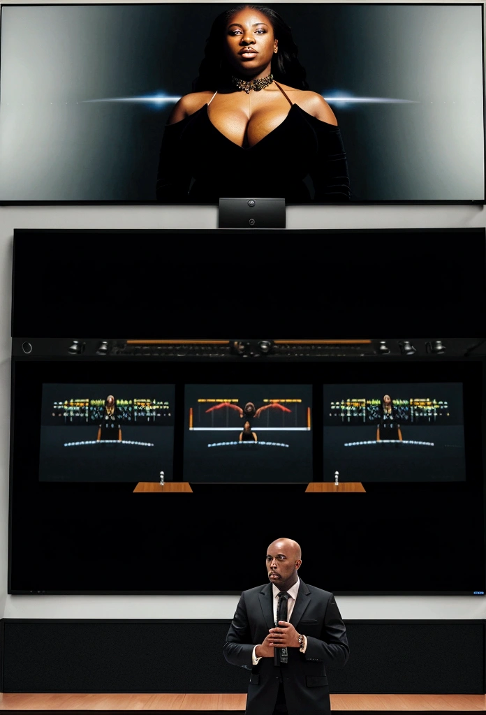 bald black man hip hop executive in suit and tie in a large conference room with ((a large monitor on the wall showing an extremely busty black woman with gross cleavage:1.4)). 