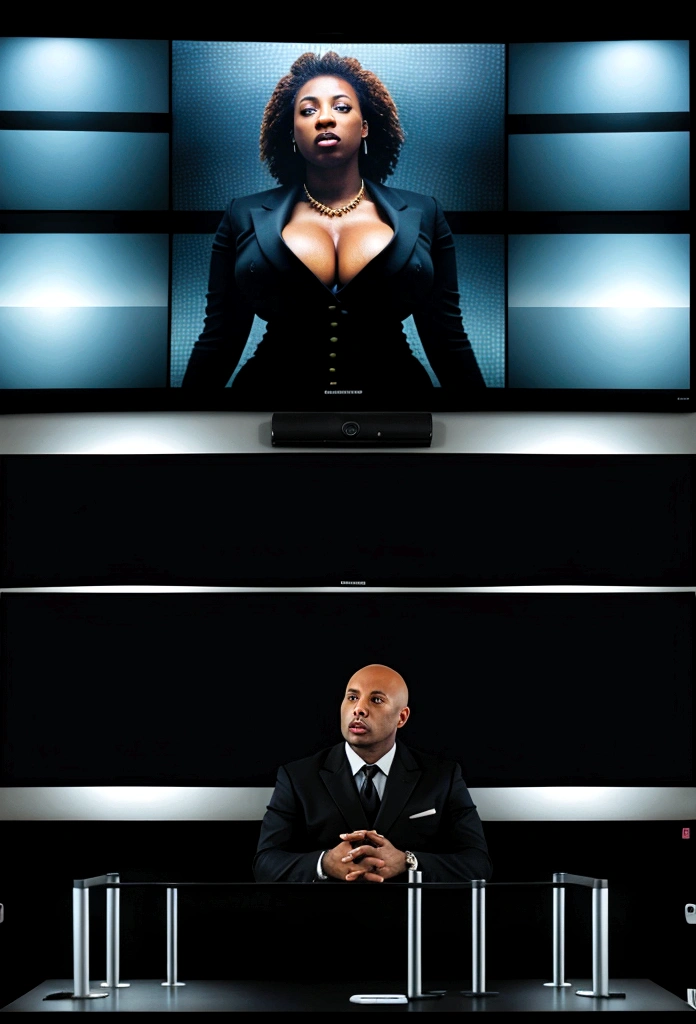 bald black man hip hop executive in suit and tie in a large conference room with ((a large monitor on the wall showing an extremely busty black woman with gross cleavage:1.4)). 