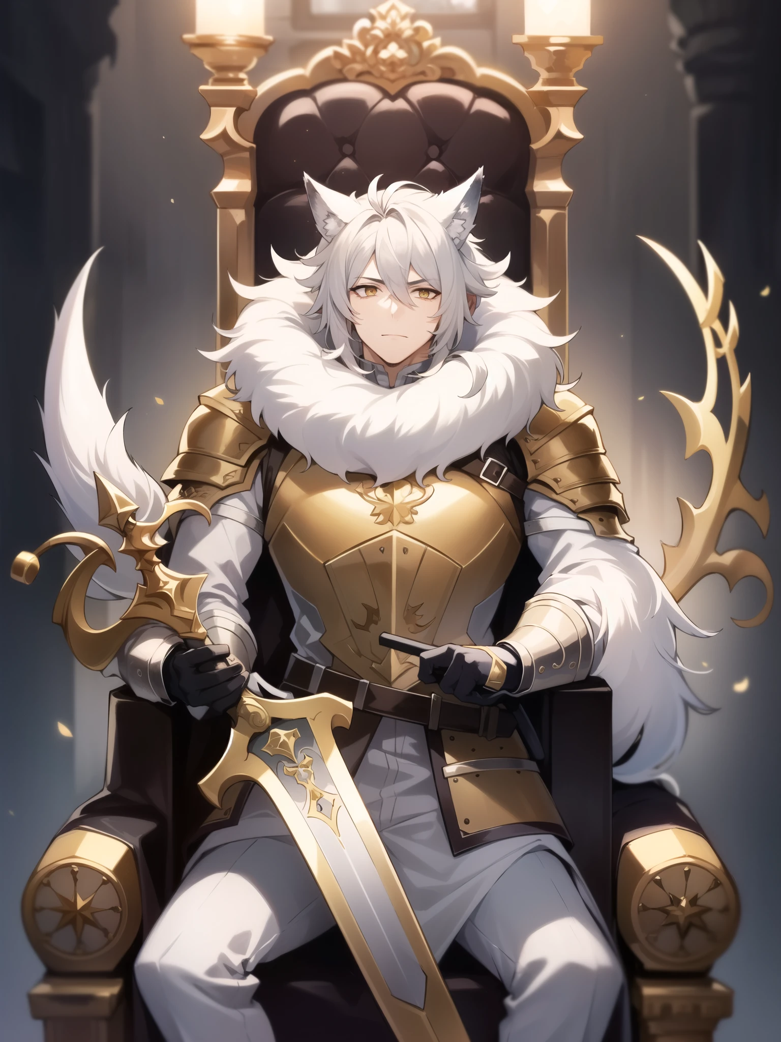 A simple man handsome 
who has ears and a tail like an ice wolf and he sits on a throne holding his sword and his armor made of the finest materials. High quality