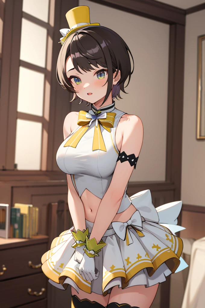 masterpiece, best quality, highres, ddsubaru, short hair, mini top hat, yellow headwear, ho****ve idol uniform, yellow bowtie, sleeveless shirt, sleeveless, wrist cuffs, white gloves, navel, white bow, layered skirt, white skirt, black thighhighs,big breasts,my room