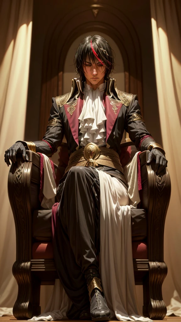 a detailed portrait of a man with piercing eyes, beautiful facial features, and intricate, flowing black hair with red and golden highlights, sitting on an ornate throne inside a grand palace, character from a dark fantasy novel, (best quality,4k,8k,highres,masterpiece:1.2),ultra-detailed,(realistic,photorealistic,photo-realistic:1.37),dramatic lighting,cinematic composition,digital painting,dark fantasy,fantasy art