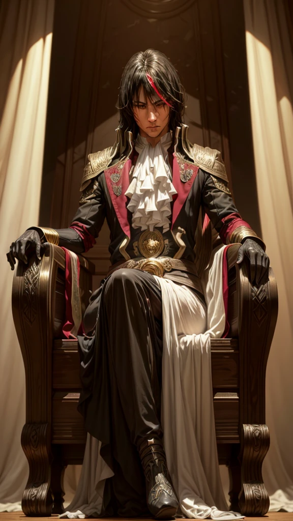 a detailed portrait of a man with piercing eyes, beautiful facial features, and intricate, flowing black hair with red and golden highlights, sitting on an ornate throne inside a grand palace, character from a dark fantasy novel, (best quality,4k,8k,highres,masterpiece:1.2),ultra-detailed,(realistic,photorealistic,photo-realistic:1.37),dramatic lighting,cinematic composition,digital painting,dark fantasy,fantasy art