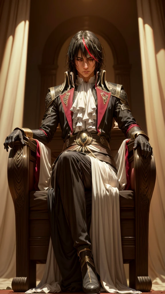 a detailed portrait of a man with piercing eyes, beautiful facial features, and intricate, flowing black hair with red and golden highlights, sitting on an ornate throne inside a grand palace, character from a dark fantasy novel, (best quality,4k,8k,highres,masterpiece:1.2),ultra-detailed,(realistic,photorealistic,photo-realistic:1.37),dramatic lighting,cinematic composition,digital painting,dark fantasy,fantasy art