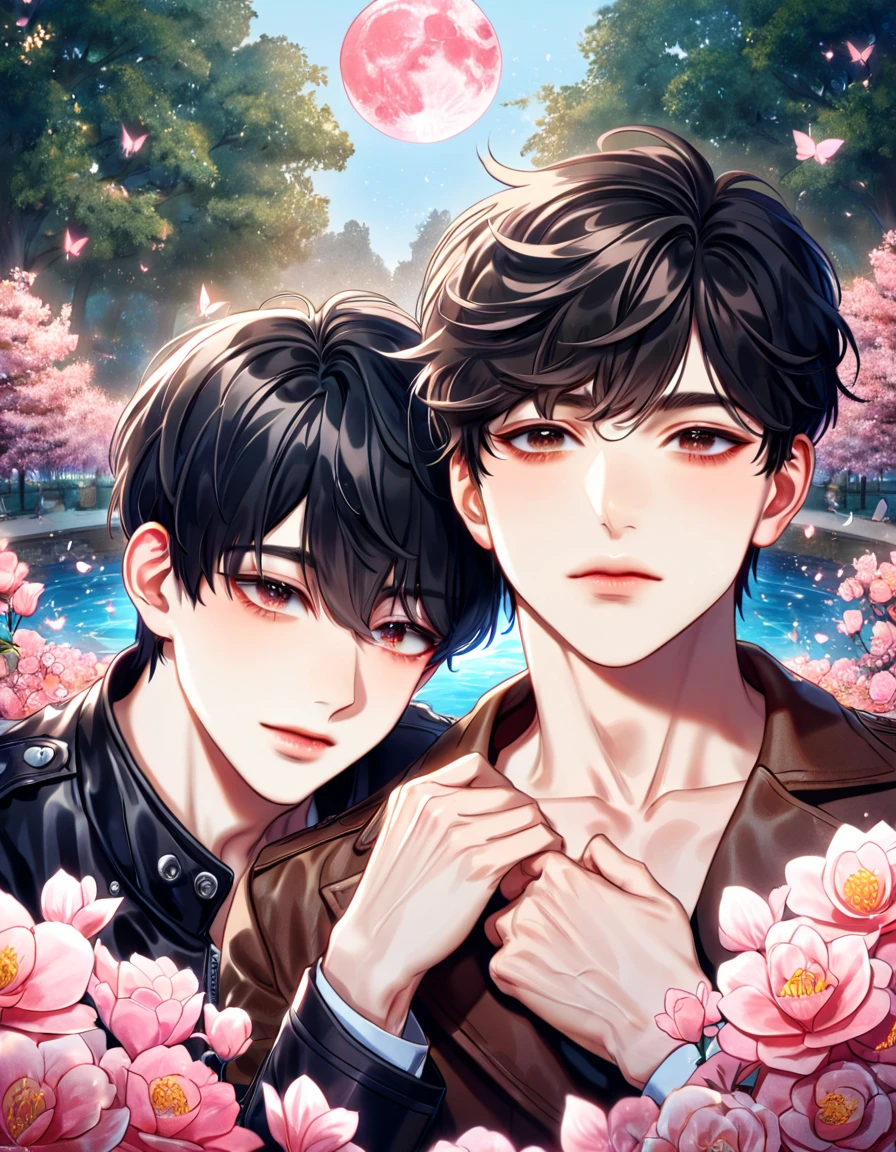 (absurdres, highres, ultra detailed, HDR) master piece, best quality, extremely detailed face, delicated features, Han Yoohyun, messy hair, black hair, expressive red eyes, The S-Classes That I Raised, Han Yoojin, black hair, expressive brown eyes, two sexy men together, gay couple, yaoi, handsome, brown coat, black leather jacket, fantasy, magical, water, pink moon, pink flowers, pink butterflies, park