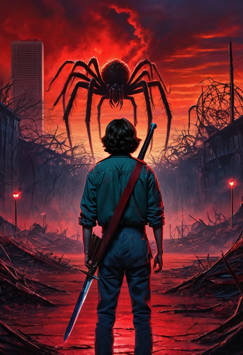 A man stands with his back, In his right hand is a sword, there is a bloody wound on the back left side, Red Sky, monster from the series "Stranger Things", huge spider up to the sky, ruined city, buildings on fire, long zippers