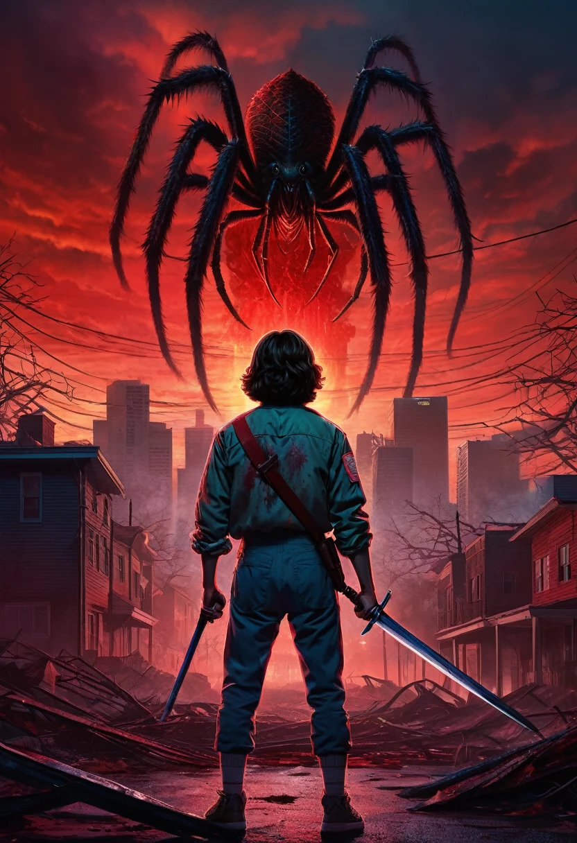 A man stands with his back, In his right hand is a sword, there is a bloody wound on the back left side, Red Sky, monster from the series "Stranger Things", huge spider up to the sky, ruined city, buildings on fire, long zippers