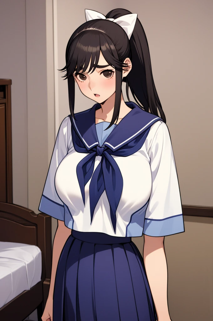 highres, ultra detailed), masterpiece, hinata\(boruto\), solo, 1girl,medium breasts, (((high school))), ((((high school attire)))), smile, (((long hair))), blink blink effect, (((detailed lips))), knee crop, school building, from side, (((dark blue hair))) lying in bed, looking at someone far away, cute face, young, (((white top))), open legs, sexy, sweaty, moaning