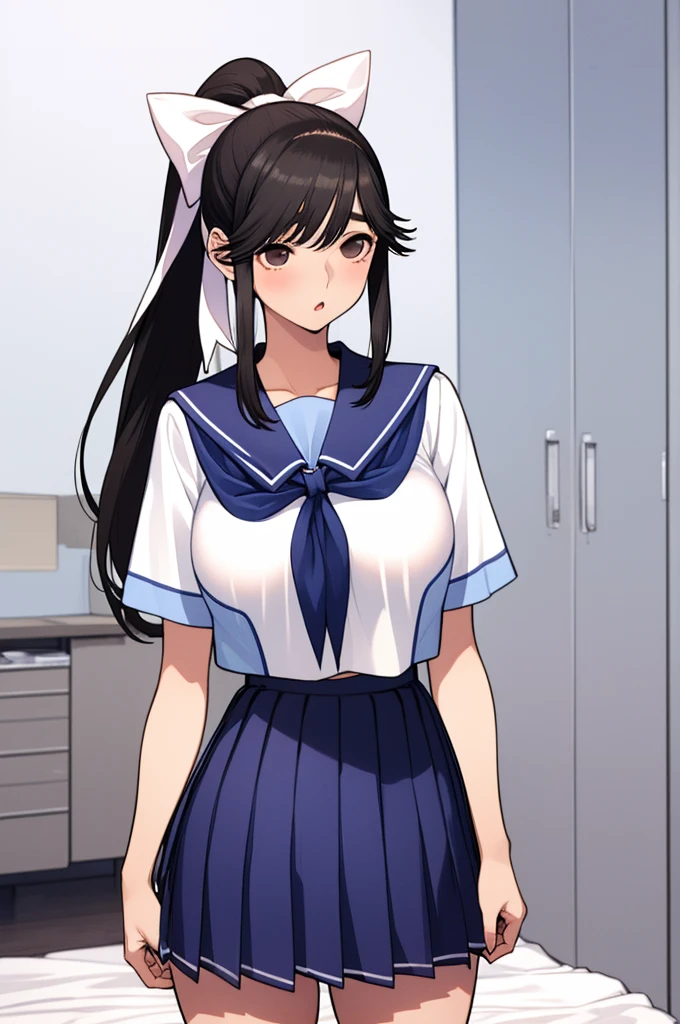 1girl, aamanaka, long hair, ponytail, hair bow, serafuku, white shirt, short sleeves, sailor collar, blue neckerchief, pleated skirt, blue skirt,huge breasts,my room,nsfw