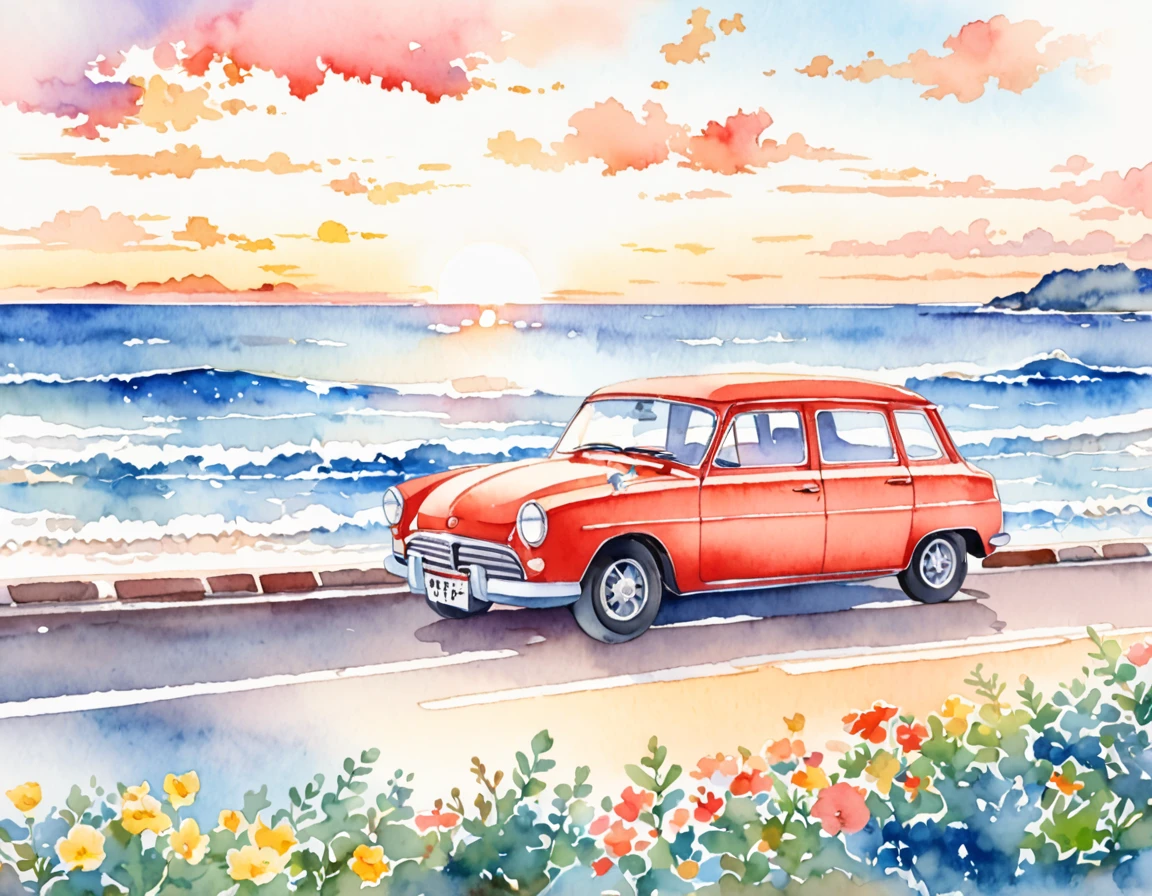 Morning Sea、Cute car、Watercolor Touch
